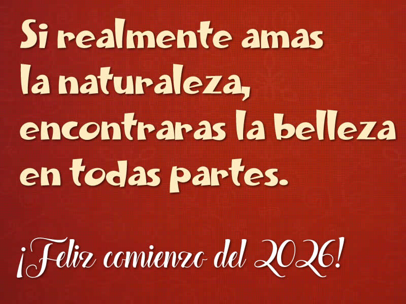 Imagen con cita: Si realmente amas la naturaleza, encontraras la belleza en todas partes.. Feliz año nuevo 2026.
