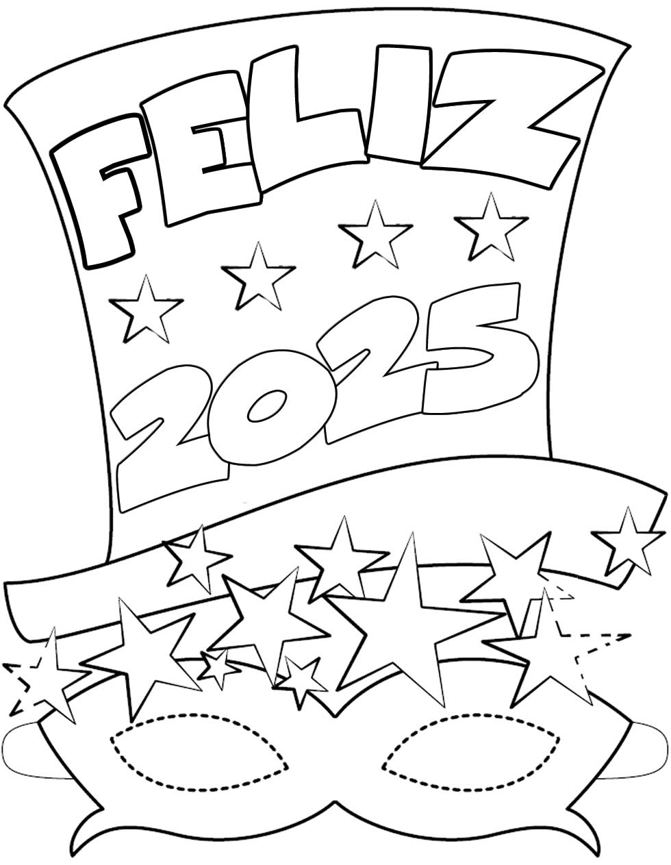 Dibujo para colorear sombrero de copa de año nuevo 2025