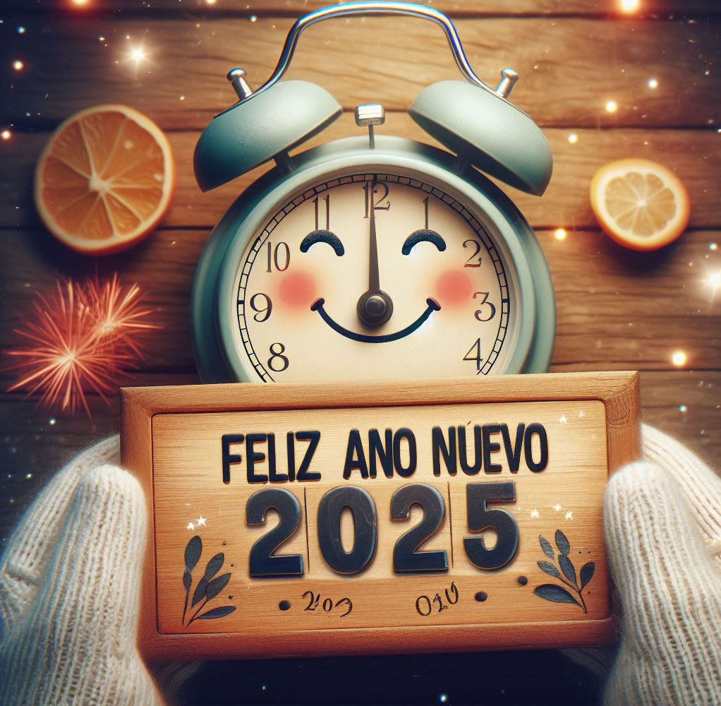 Imagen con lindo despertador que marca la medianoche de Año Nuevo con pancarta de Año Nuevo