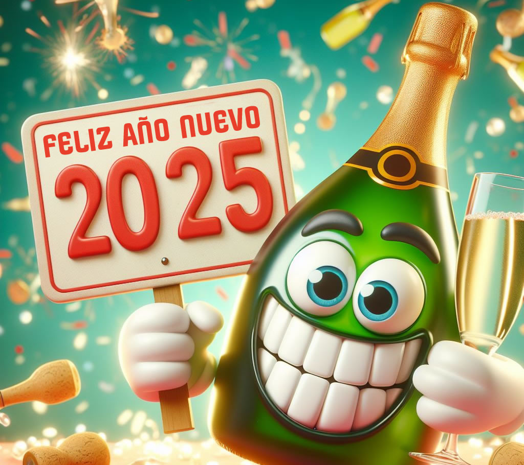 Alegre clipart con botella sonriente celebrando 2025.