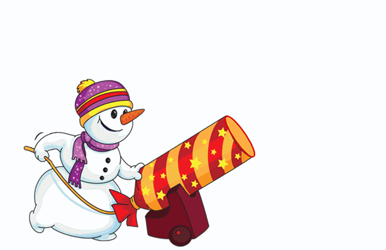 GIF divertido feliz año nuevo con muñeco de nieve disparando saludos