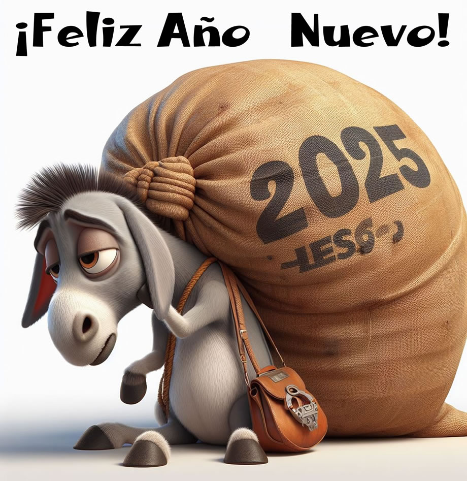 Caricatura humorística con un pobre burro cargado de sacos, el 2025 será así?