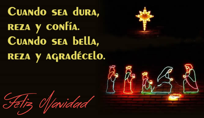 Imagen con una tarjeta de felicitación de la natividad con magos y la estrella cometa hecha de luces y texto para saludos de Feliz Navidad