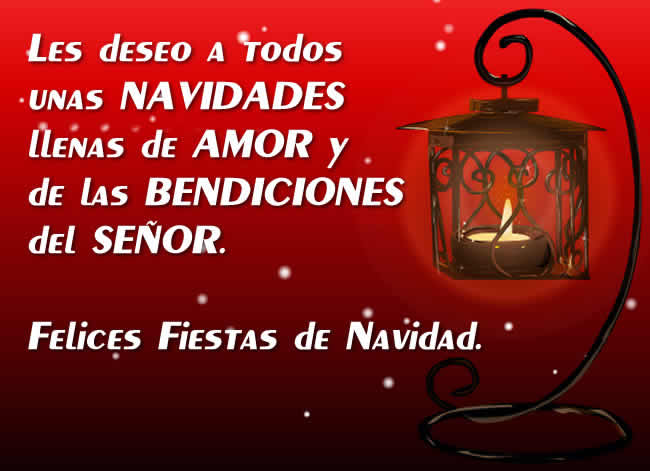 Imagen con linterna y fondo rojo con mensaje para el creyente y bendiga la llegada del año nuevo: Les deseo a todos unas NAVIDADES llenas de AMOR y de las BENDICIONES del SEÑOR.