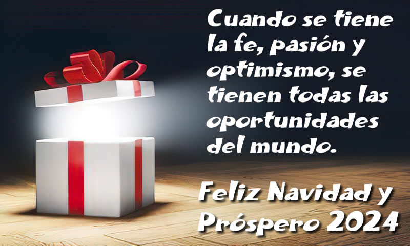 Tarjeta de felicitación con la imagen de un paquete de regalo que se abre con mucha luz y un mensaje de felices fiestas