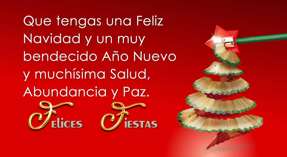  Imagen con una tarjeta de felicitación con un sacapuntas que produce un árbol de Navidad y un mensaje de Feliz Navidad y un feliz 2026