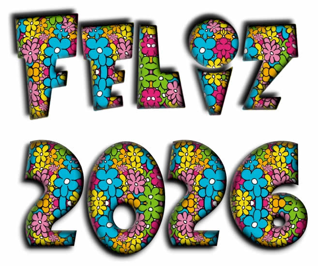 Imagen de texto feliz 2026 con flores de colores