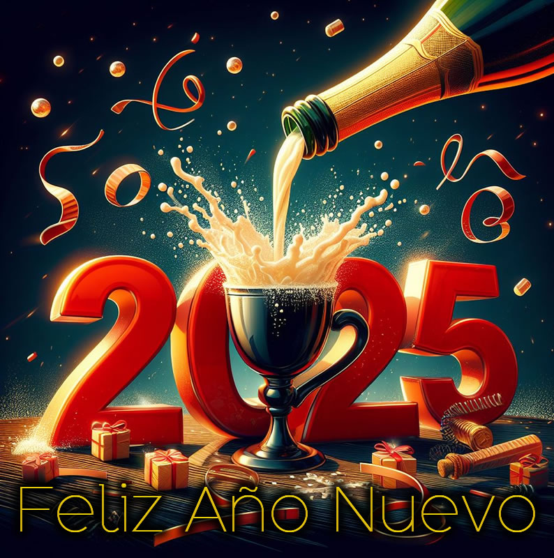 Tarjeta de felicitación con copas llenas de vino espumoso para brindar a medianoche por el año nuevo