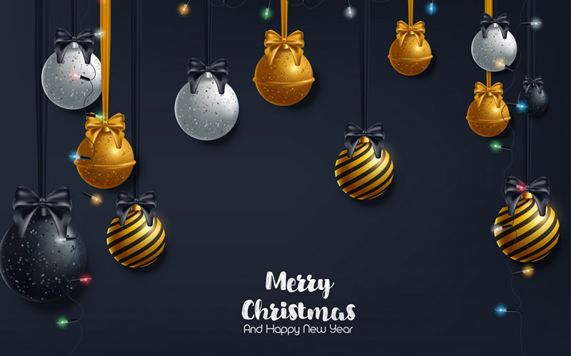 imagen elegante con bolas decorativas de Navidad escritas en inglés Merry Christmas and Happy New Year (Feliz Navidad y Próspero Año Nuevo)