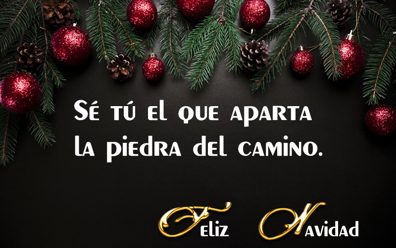 imagen hermosa y elegante con un fondo oscuro con decoración navideña con texto para compartir con tu amiga más fiel. Mensaje de Felices Fiestas: Sé tú el que aparta la piedra del camino. ¡Feliz Navidad!