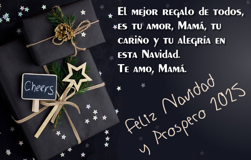 imagen elegante para compartir como tarjeta de felicitación para fiestas de Nochevieja felices, color oscuro, pequeñas estrellas y regalos
