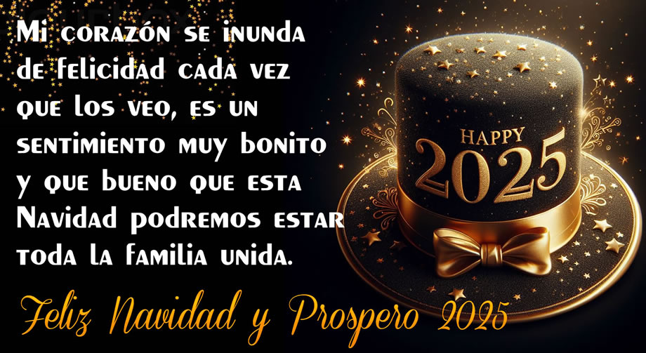 Imagen con sombrero para celebrar el Año Nuevo con alegría con un mensaje de buenos deseos: Mi corazón se inunda de felicidad cada vez que los veo, es un sentimiento muy bonito y que bueno que esta Navidad podremos estar toda la familia unida.