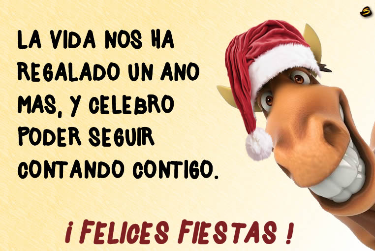 Imagen divertida con dibujo de un lindo caballo con sombrero de Papá Noel y mensaje de felices fiestas