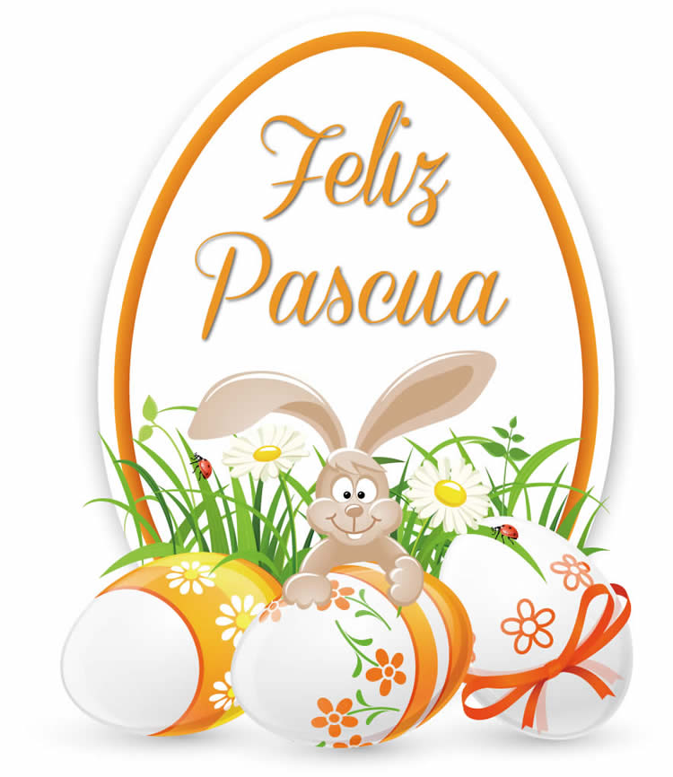 Imagen con lindo conejito pintando huevos de Pascua, con texto de saludos.
