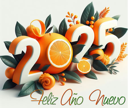 Imagen con texto feliz 2025 con naranjo con frutas