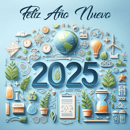 Feliz año nuevo 2025 imagen con imágenes prediseñadas de temática ecológica
