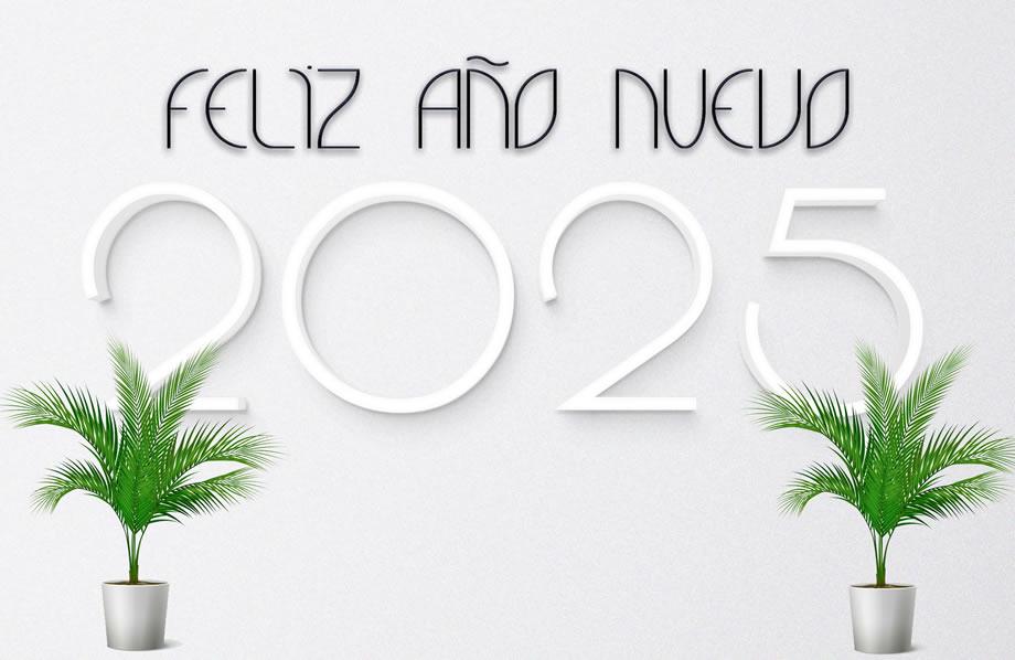 Imagen elegante con texto Feliz año nuevo 2025 y dos plantas de interior