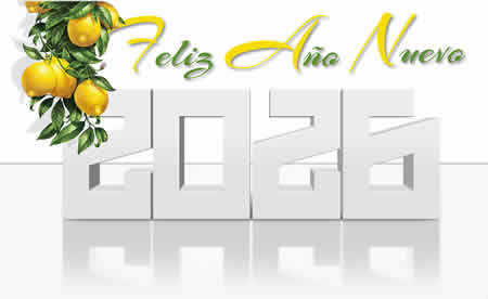 Imagen con deseos de feliz ano 2026, con limonero y frutos amarillos.