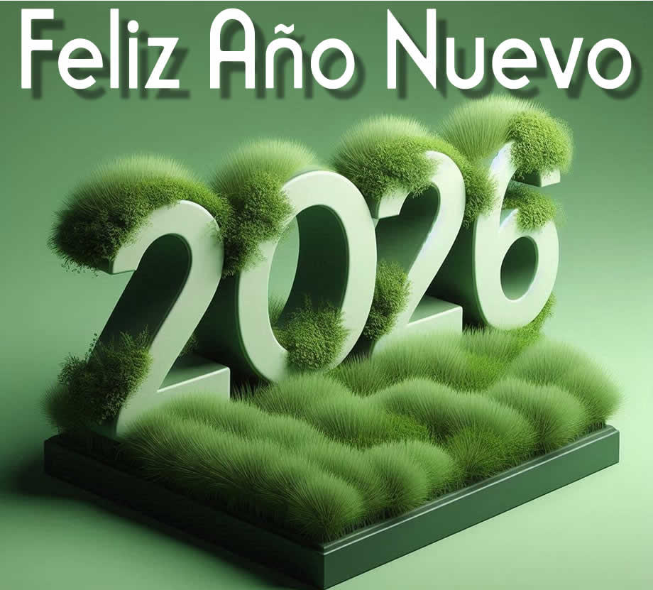 Imagen para sus deseos ecológicos y ecológicos, con un fondo verde, un 3D 2026 y una hoja con símbolos ecológicos incrustados.