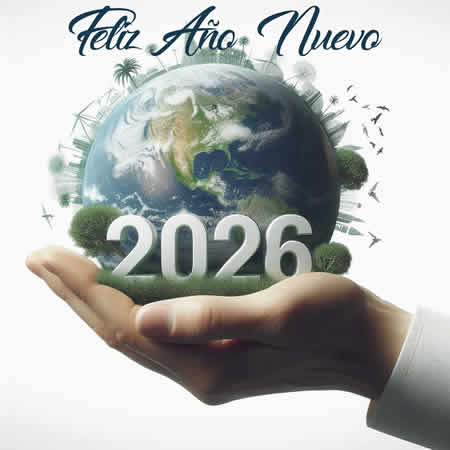 Feliz año nuevo 2026 imagen con imágenes prediseñadas de temática ecológica