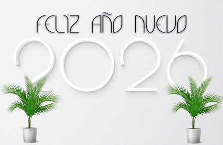 Imagen elegante con un gran 2026 y dos plantas verdes en macetas