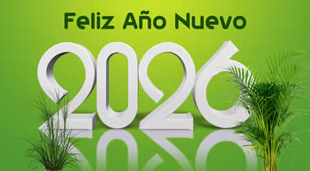 Imagen con fondo verde, con el texto 2026 en 3D con reflejo