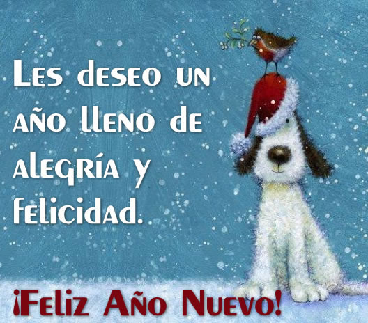 imagen de un dulce perrito con un pájaro en la cabeza y mucha nieve con un mensaje de Feliz Navidad