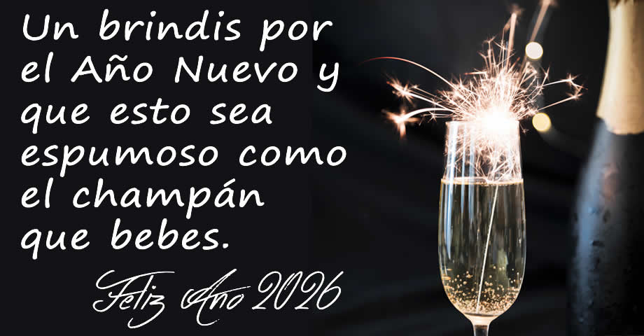 Imagen para celebrar el año nuevo y texto alegre de deseos: Un brindis por el Año Nuevo 2026 y que esto sea espumoso como el champán que bebes. ¡Feliz año nuevo!