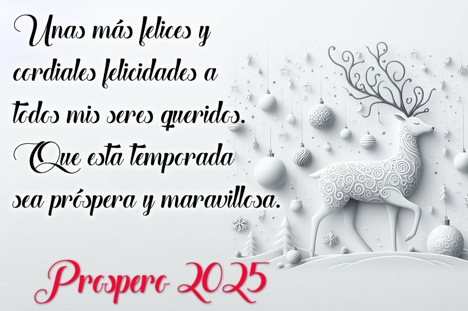 imagen de postal virtual de feliz año nuevo con mensaje: Unas más felices y cordiales felicidades a todos mis seres queridos. Que esta temporada sea próspera y maravillosa.