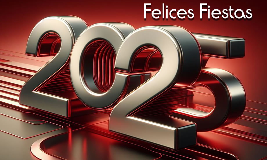 felices fiestas 2025 imagen roja con destellos de luz