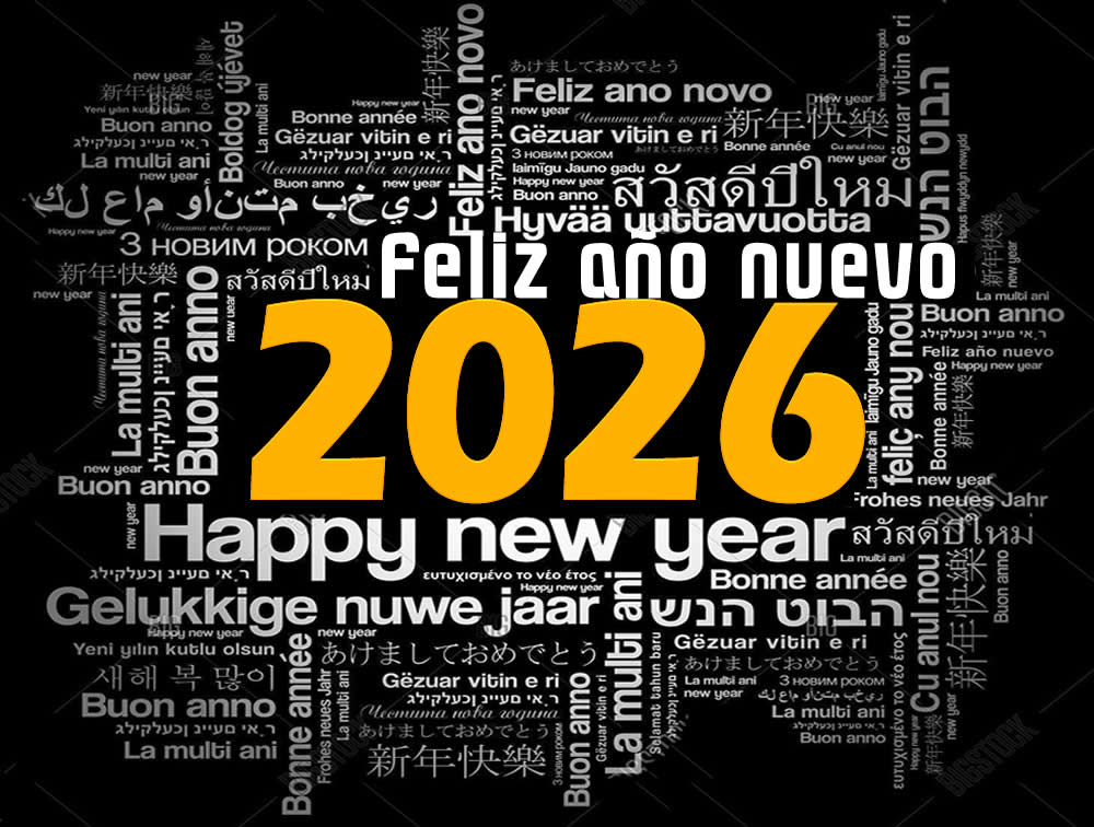 imagen con el texto Feliz Año Nuevo traducido a los idiomas principales más hablado o difundido en el mundo