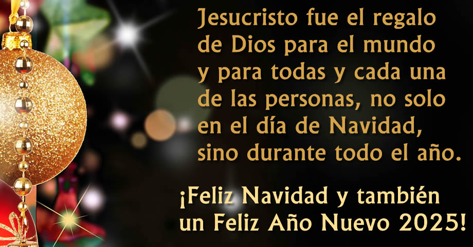 Postal virtual con frase: Un pensamiento para toda su familia en Navidad y los mejores deseos para este nuevo año 2025. Felices fiestas a todos ustedes.