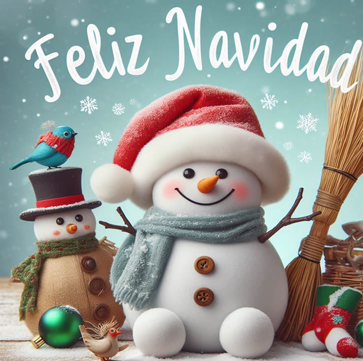 bella imagen con un muñeco de nieve con la cabeza de un perro, por los deseos de felices fiestas para los más pequeños, con la inscripción Feliz Navidad en inglés