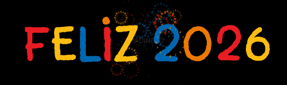 Imagen GIF animada con texto en color FELIZ AÑO NUEVO 2026 y fuegos artificiales estallando