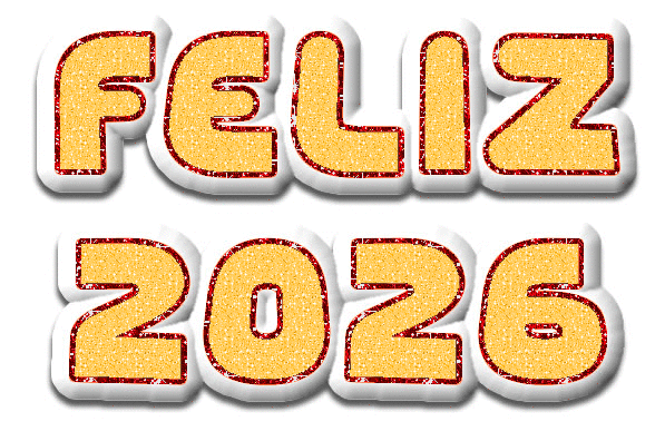 Gif animado con destellos brillantes con el texto FELIZ 2026 en oro brillante.