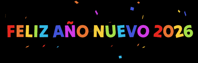 alegre imagen gif animado con texto de color FELIZ 2026 y confeti de todos los colores que caen desde arriba