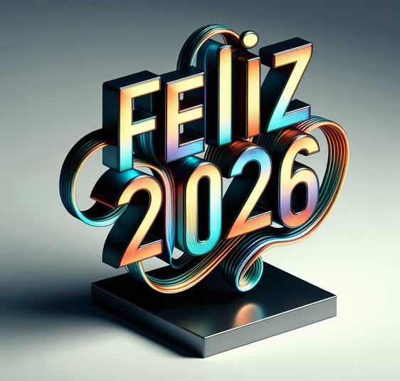 Imagen en 3D con texto cuadrado HAPPY 2026 color metal tipo
