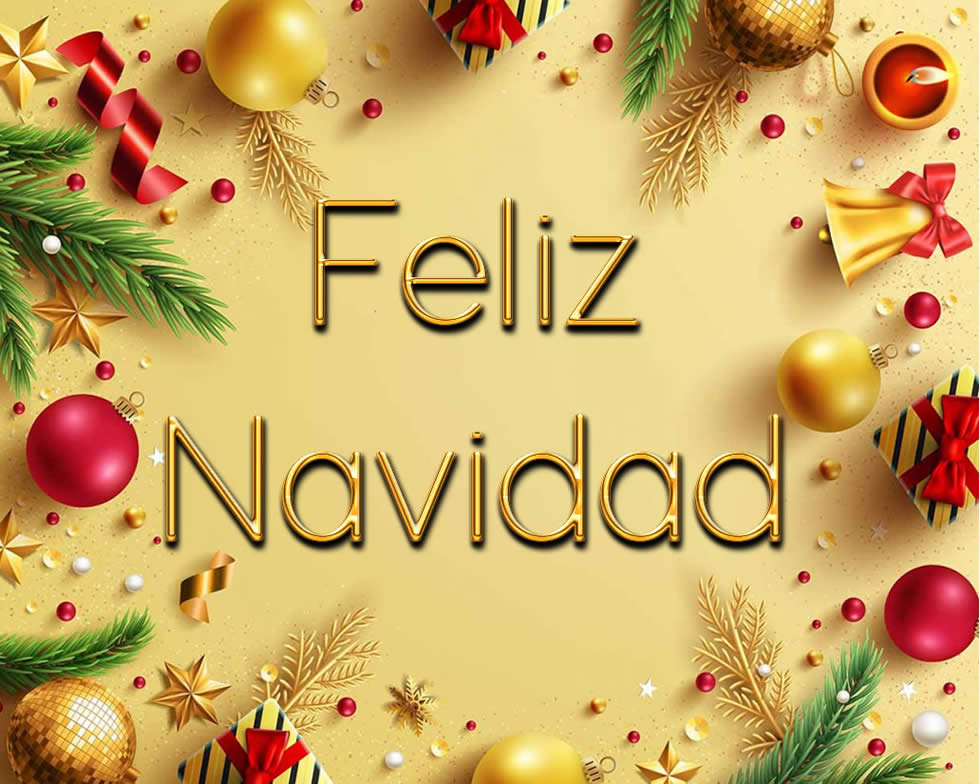 Imagen elegante con decoraciones y escritura dorada FELIZ NAVIDAD