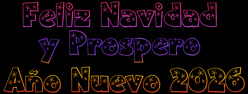 Texto de gif animado Feliz Navidad y Prospero Año Nuevo 2026 con efecto de desvanecimiento dinámico con estrellas.