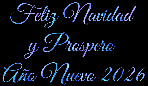 Gif animado de texto Feliz Navidad y Feliz 2026 con efecto de desvanecimiento en azul claro/azul.