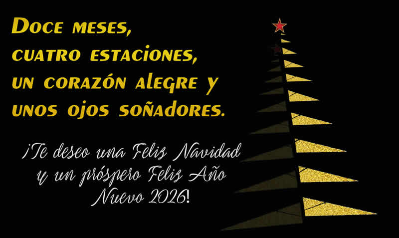  imagen de fondo negro con estilizado árbol de Navidad y sombrero con escritura Happy 2026 y un saludo agradable. ¡Te deseo una Feliz Navidad y un próspero Feliz Año Nuevo 2026!