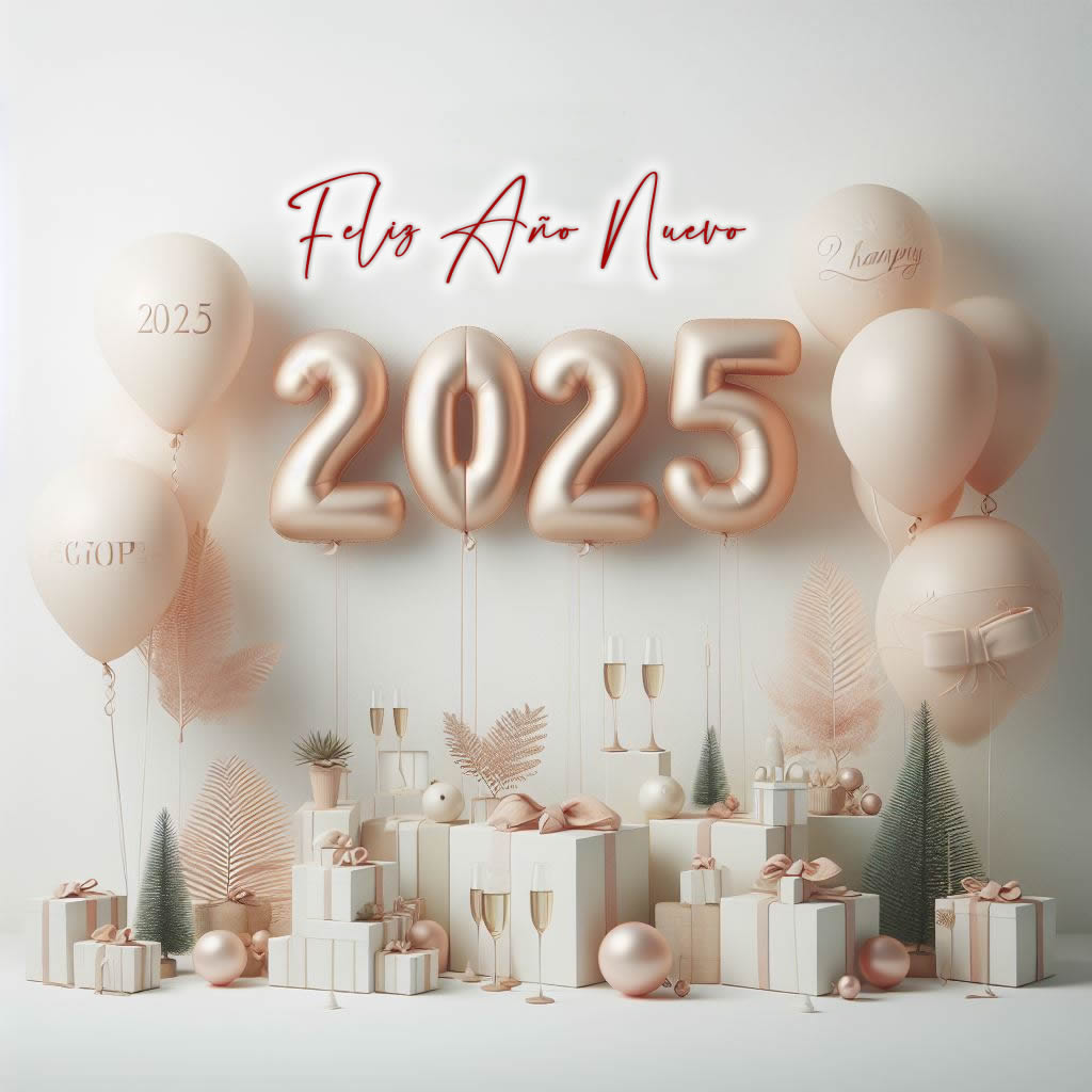 imagen con copas y vino espumoso para brindar a la medianoche del año nuevo con globos de colores con 2025