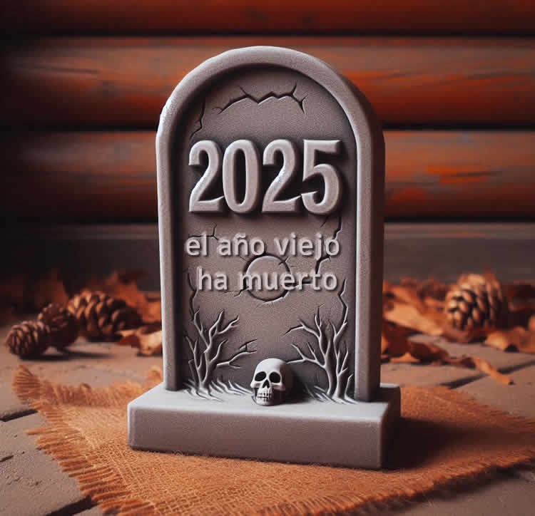 imagen con lápida sepulcral y escrita en 2025 con fecha de nacimiento 01-01-202 y fecha de fallecimiento 31-12-2025, con máscara colgante y dibujo de coronavirus, un evento que marcó este año