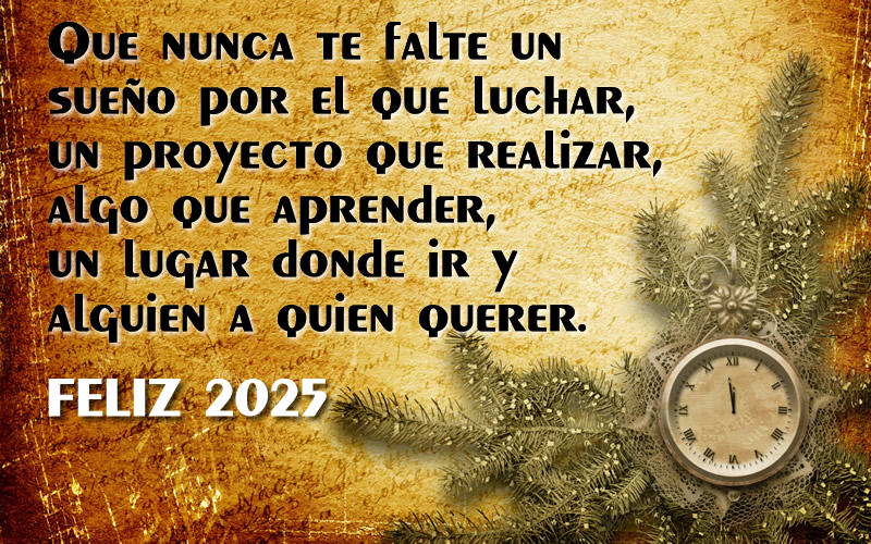 Imagen con reloj que marca la medianoche y todo listo para celebrar la llegada del año nuevo con un mensaje de buenos deseos para 2025