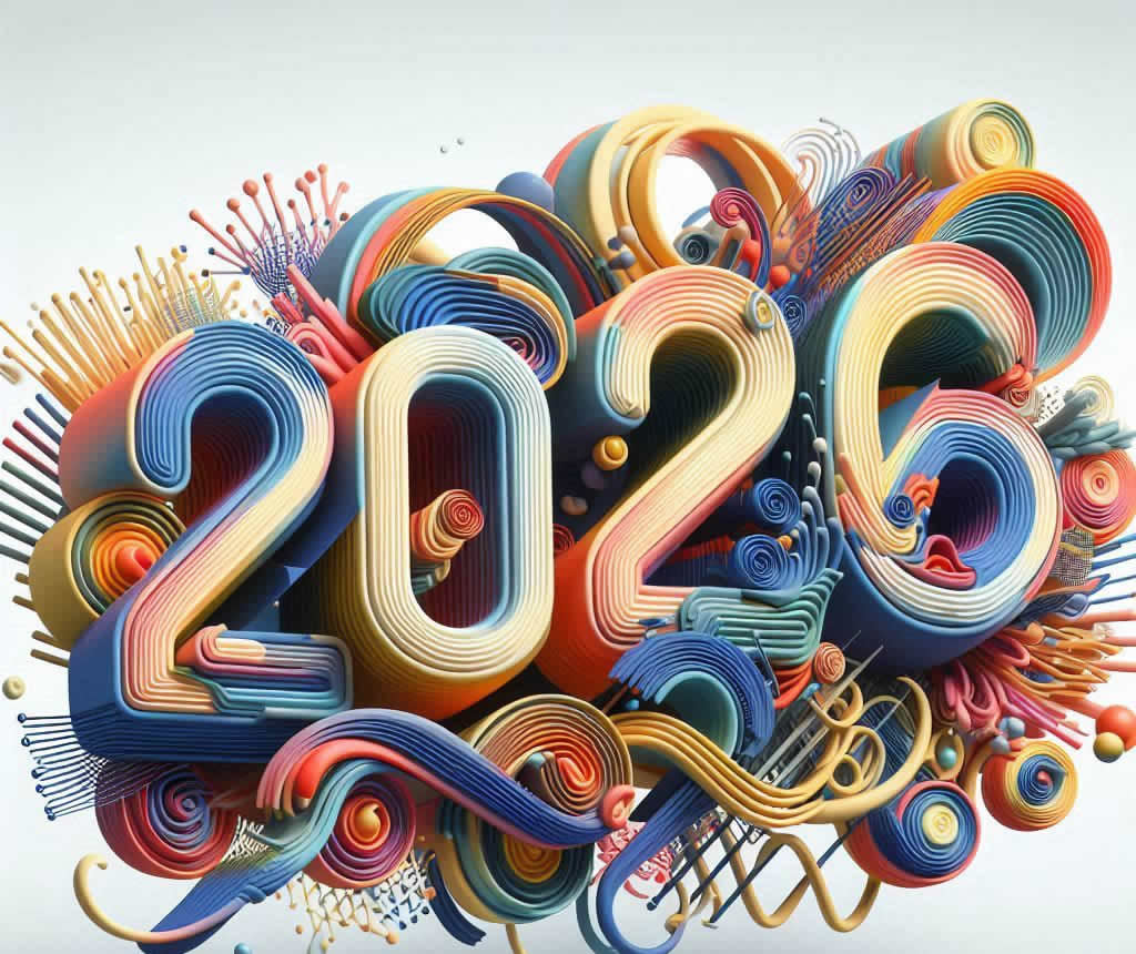 Imagen elegante con texto 3D coloreado y curvo 2026 y con sombra