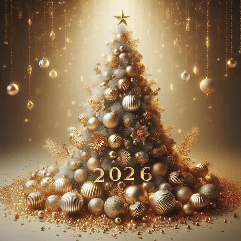 Imagen elegante con un árbol de Navidad decorado con muchas bolas decorativas y de color dorado con el número 2026