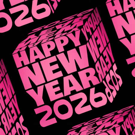 Imagen de un cubo compuesto de palabras Happy New Year 2026