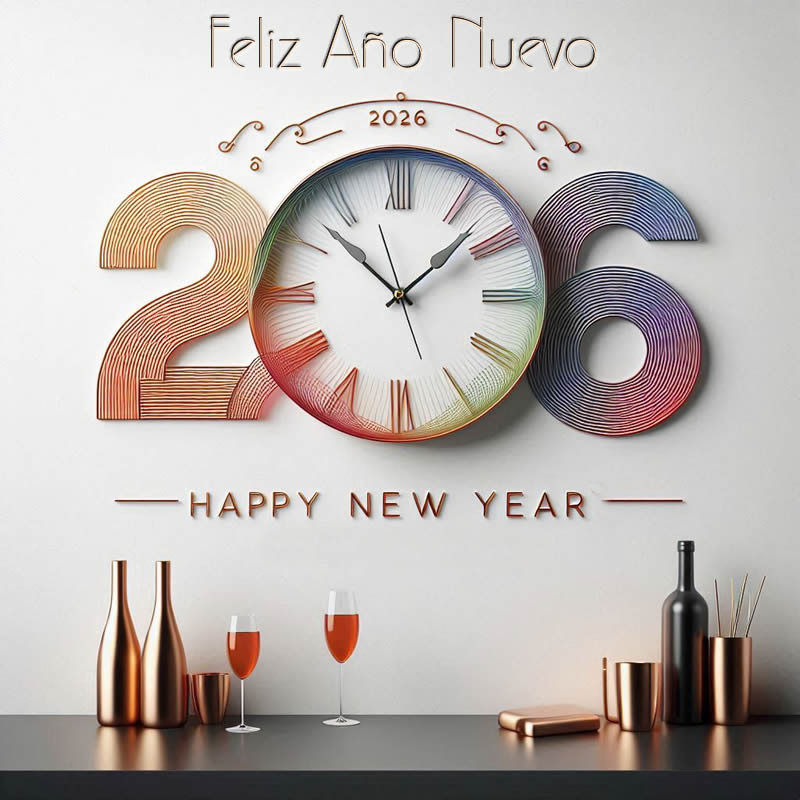 Imagen elegante con un reloj que marcas de medianoche y botellas de vino espumoso listos para brindar por el año nuevo
