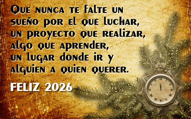 Imagen con reloj que marca la medianoche y todo listo para celebrar la llegada del año nuevo con un mensaje de buenos deseos para 2026