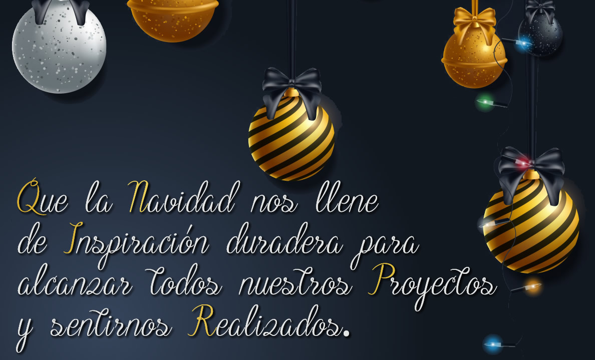 Imagen elegante con bolas y adornos navideños con mensaje de saludo